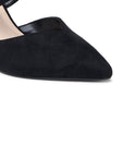 Close-up of the softly pointed toe and black microsuede upper