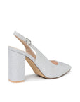Irisa silver slingback heel with crystal-flecked upper and 8cm block heel, rear angled view