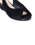 A black open-toe slingback wedge sandal with a suede-like finish, shown from a high-angle perspective on a plain white background.