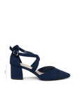 Florrie navy microsuede extra wide fit court shoe with crossover ankle strap, side view