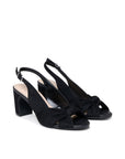 Pair of Noreen black wide fit block heel sandals with open toes, angled view