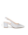 Silver shimmer extra wide fit slingback shoe with pointed toe and block heel, side view