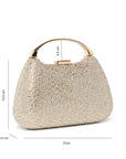 Champagne diamante handbag with structured shape and detachable chain strap, angled view