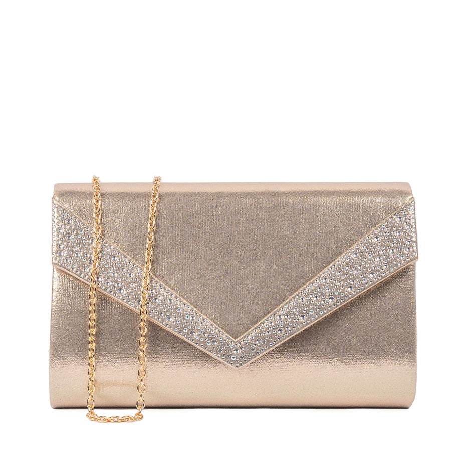 Devora Shimmer Champagne Clutch Handbag Paradox London
