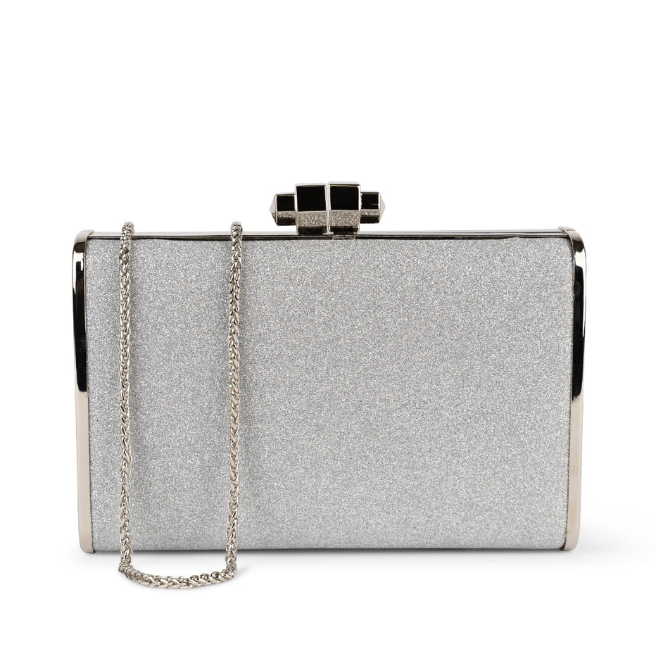 Devica Silver Glitter Box Clutch Handbag Paradox London