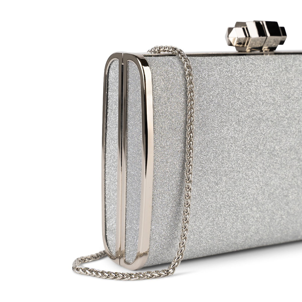 Devica Silver Glitter Box Clutch Handbag Paradox London