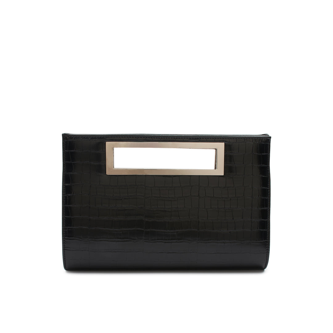 Paradox London Black Crocodile Print Clutch Bag