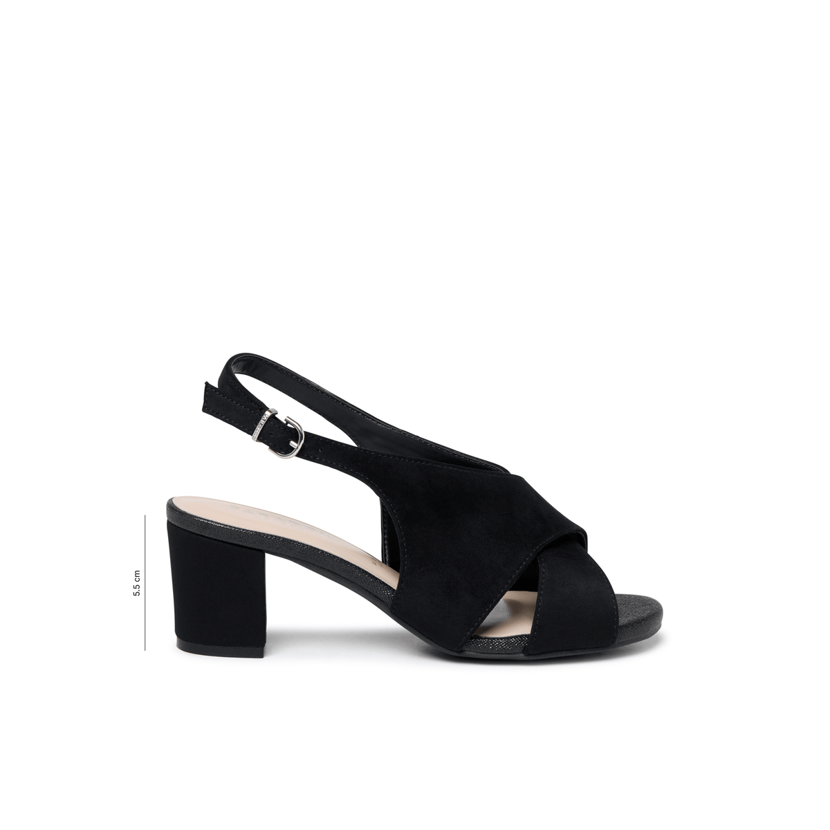 A single black suede slingback sandal with a block heel and crisscross front straps, shown in profile on a white background with a small 5 cm height marker on the left side.