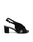 A single black suede slingback sandal with a block heel and crisscross front straps, shown in profile on a white background with a small 5 cm height marker on the left side.