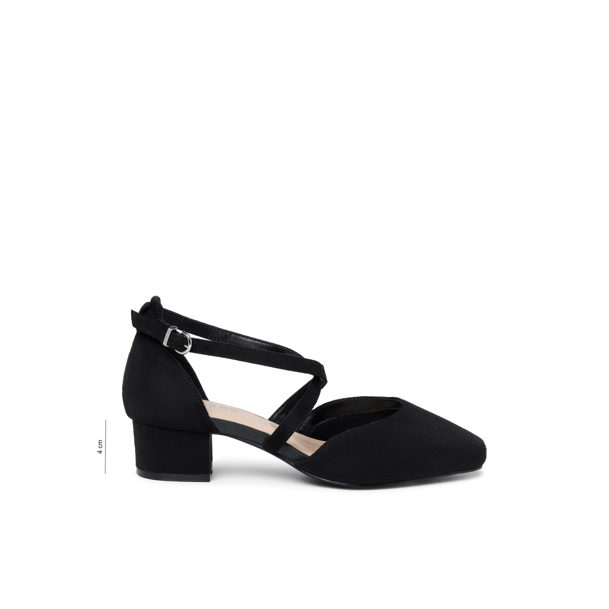 Geneva black microsuede court shoe with square toe, crossover straps and low block heel, side view