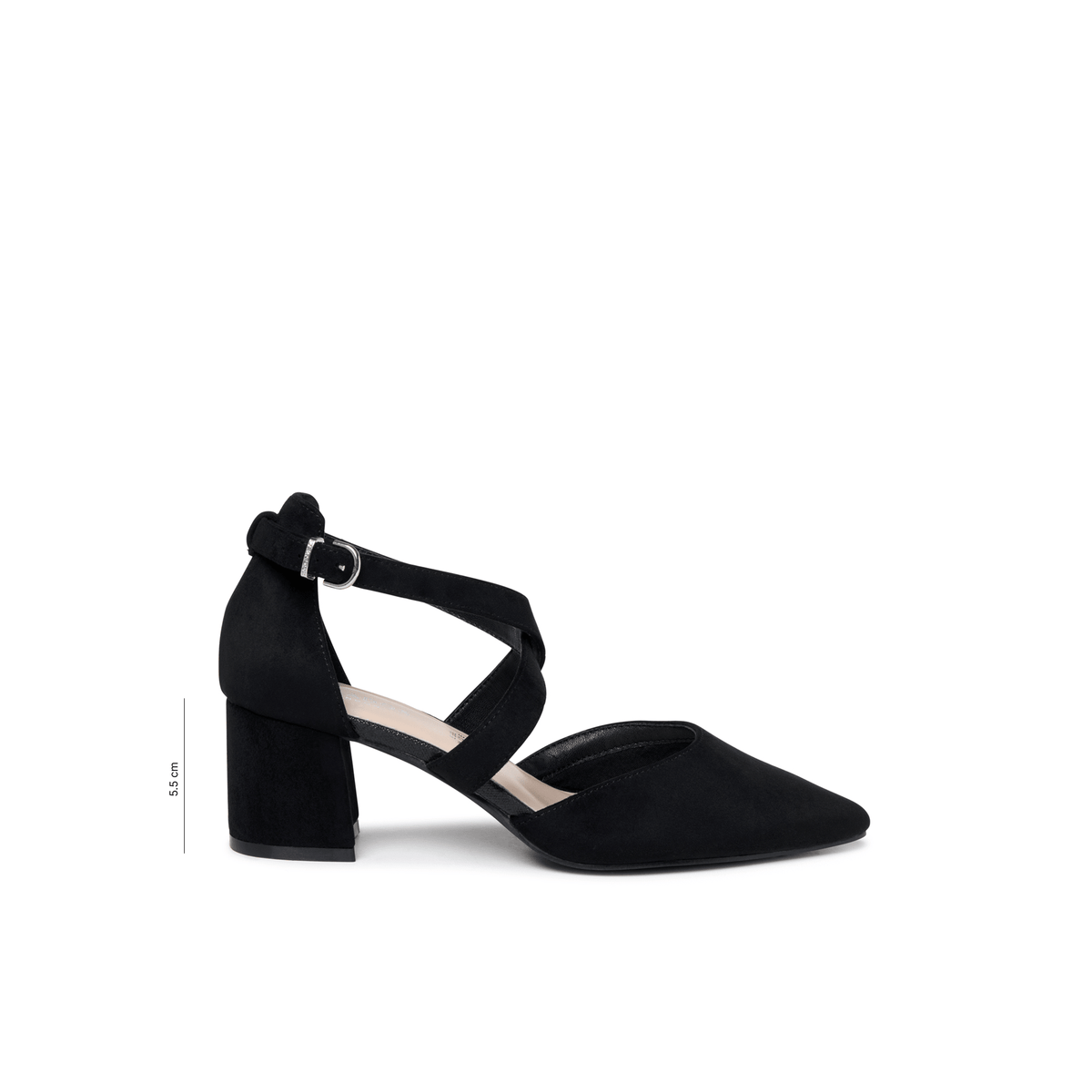 Florrie black microsuede extra wide fit court shoe with crossover ankle strap, side view