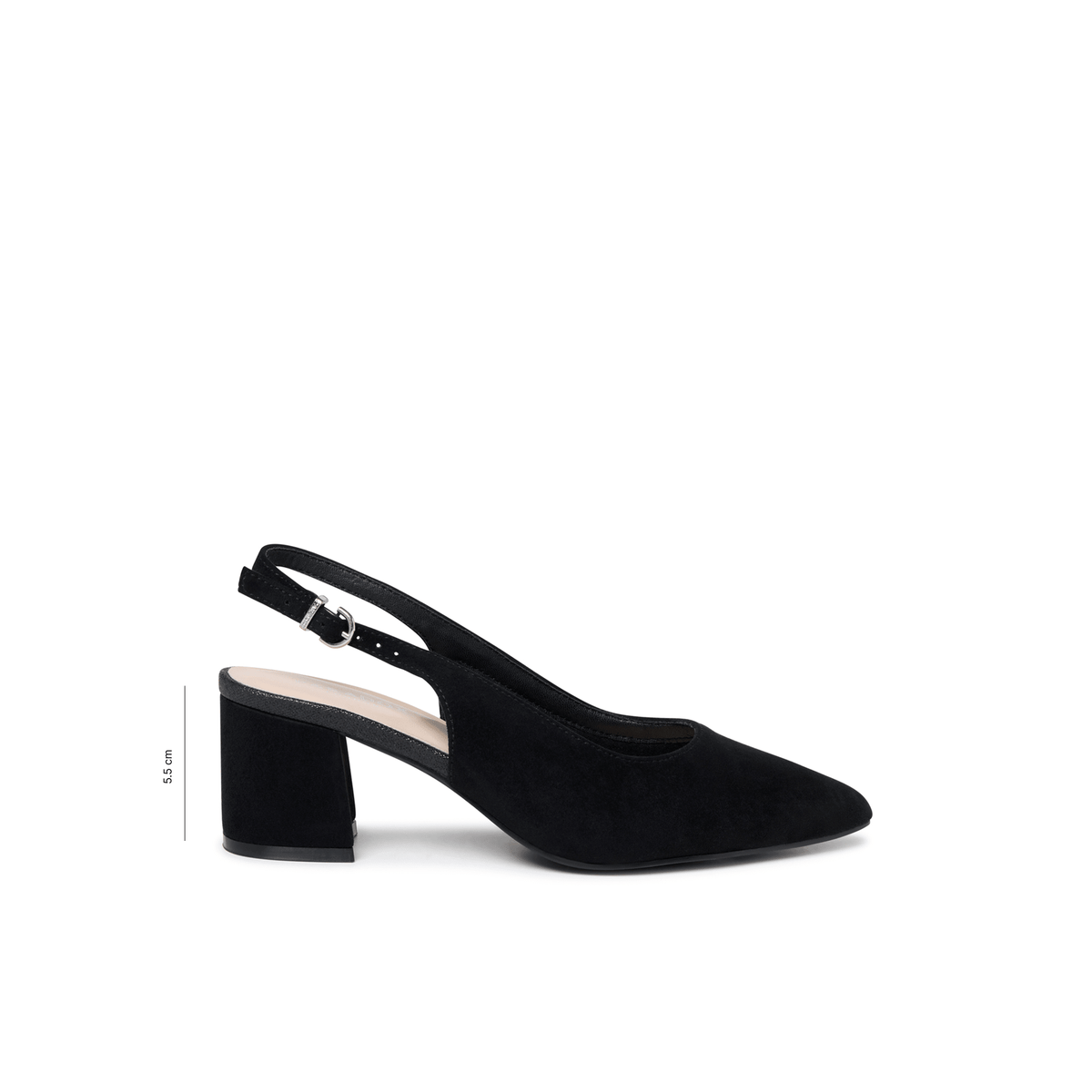 Black microsuede extra wide fit slingback shoe with pointed toe and block heel, side view