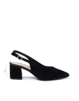 Black microsuede extra wide fit slingback shoe with pointed toe and block heel, side view