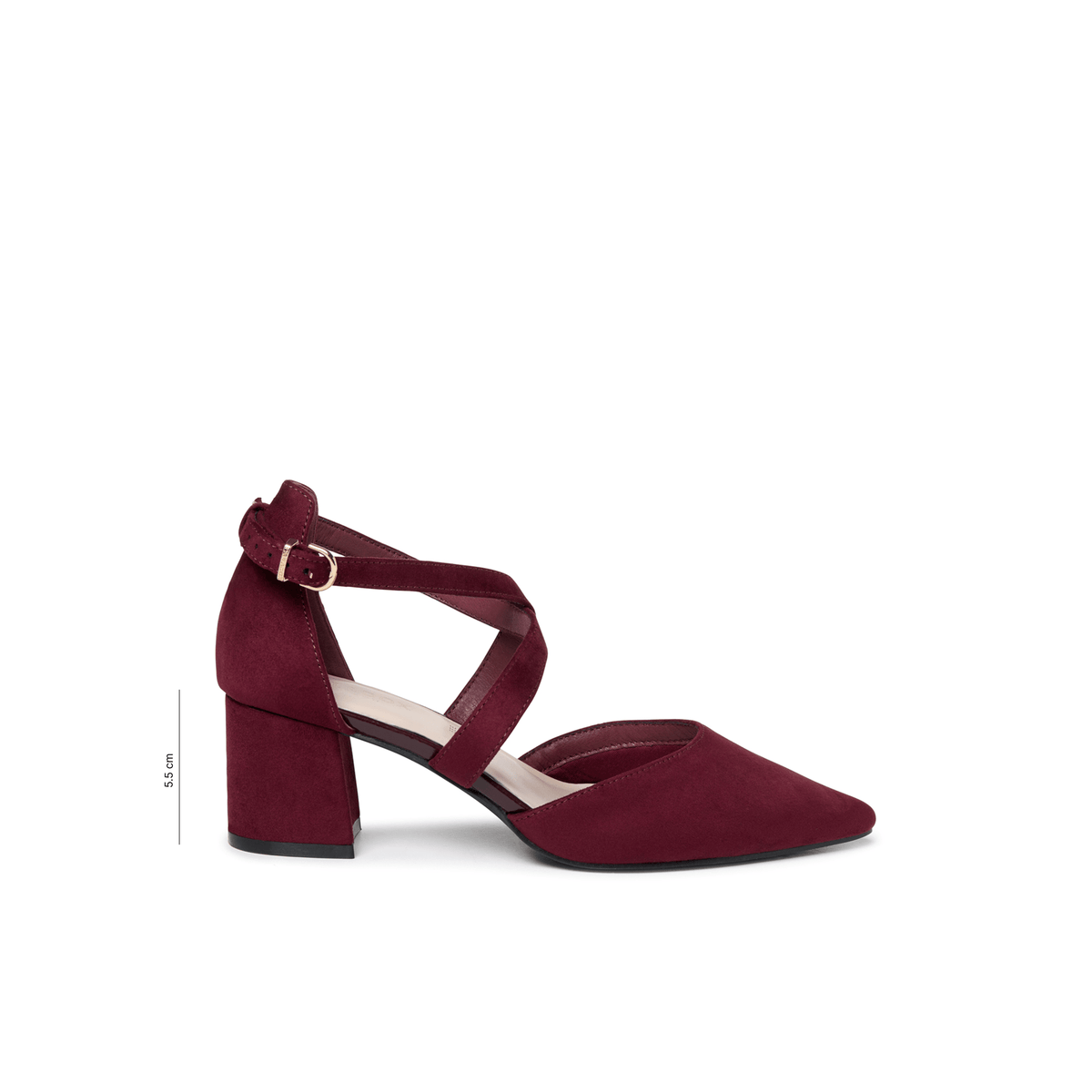 Florrie burgundy microsuede extra wide fit court shoe with crossover ankle strap, side view