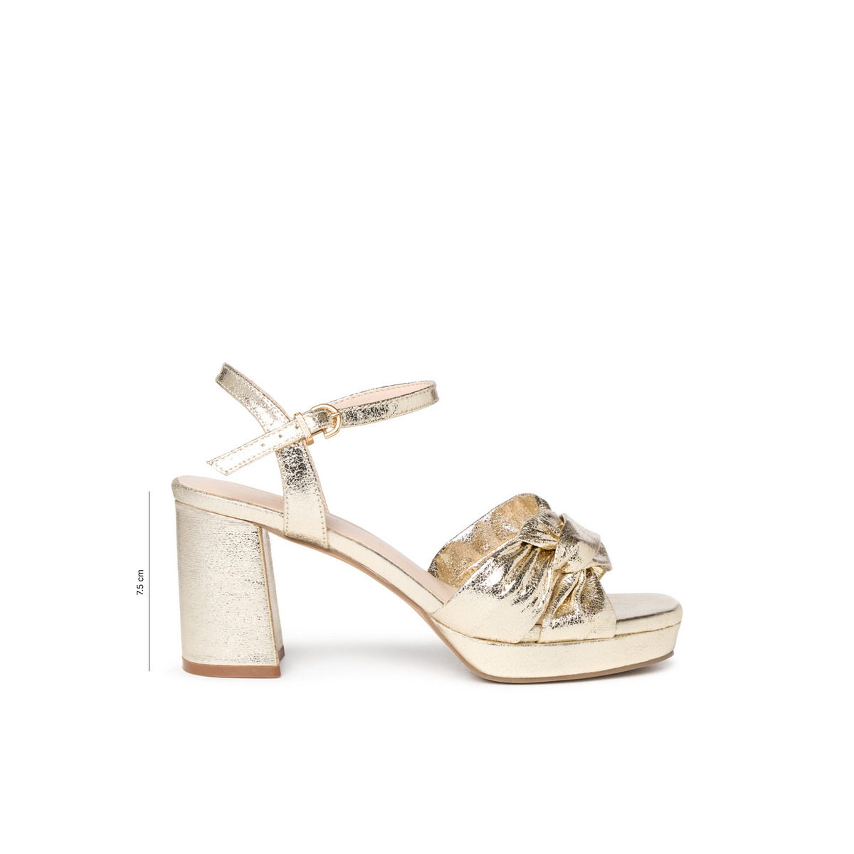 A single metallic gold platform sandal with an ankle strap and a knotted bow detail on the toe, shown in profile against a white background with a 31 cm heel height indicator.
