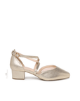 Geneva champagne shimmer court shoe with square toe, crossover straps and low block heel, side view