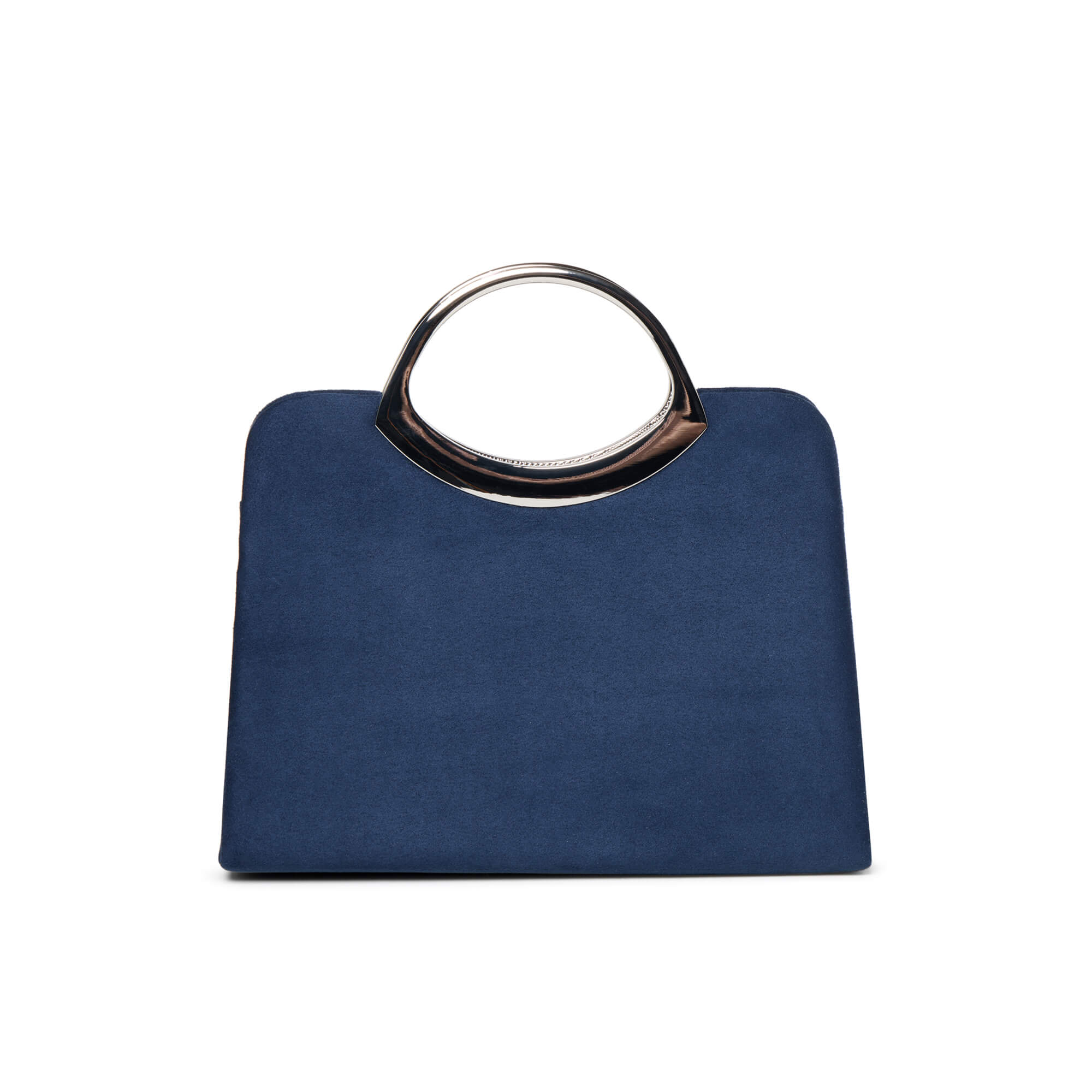 A navy blue structured handbag with a large, circular silver-tone metal top handle, shown against a plain white background.