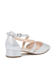 Fabienne silver shimmer court shoe with 3cm block heel, rear angled view