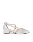 Fabienne silver shimmer wide fit court shoe with pointed toe and crossover straps, side view