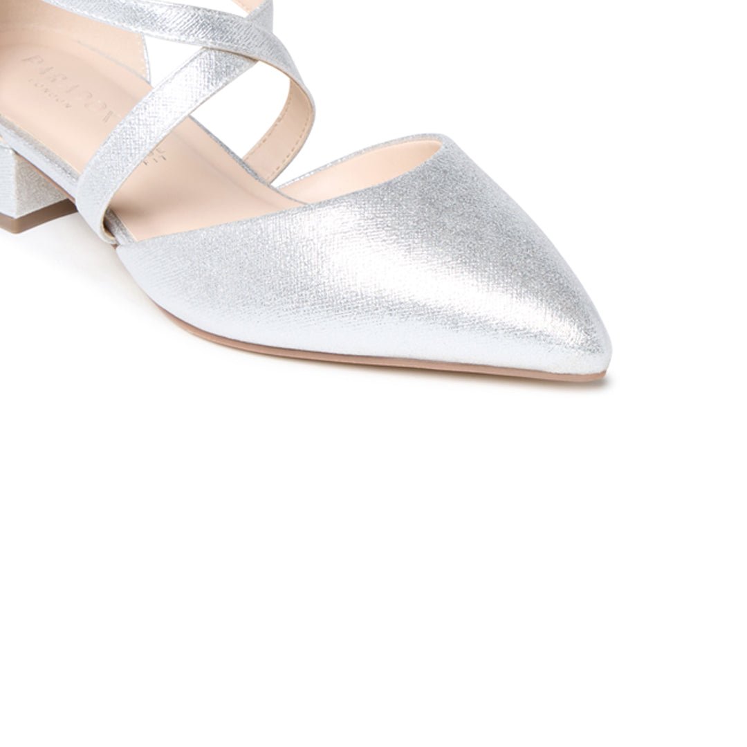 Close-up of the pointed toe and fine silver shimmer upper on the Fabienne court shoe