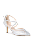 Silver embellished court shoe with pointed toe and stiletto heel, front angled view