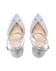 Pair of silver pointed-toe occasion shoes with diamante embellishments, top view