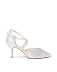 Faylinn silver wide fit stiletto heel with diamante pointed toe and crossover straps, side view