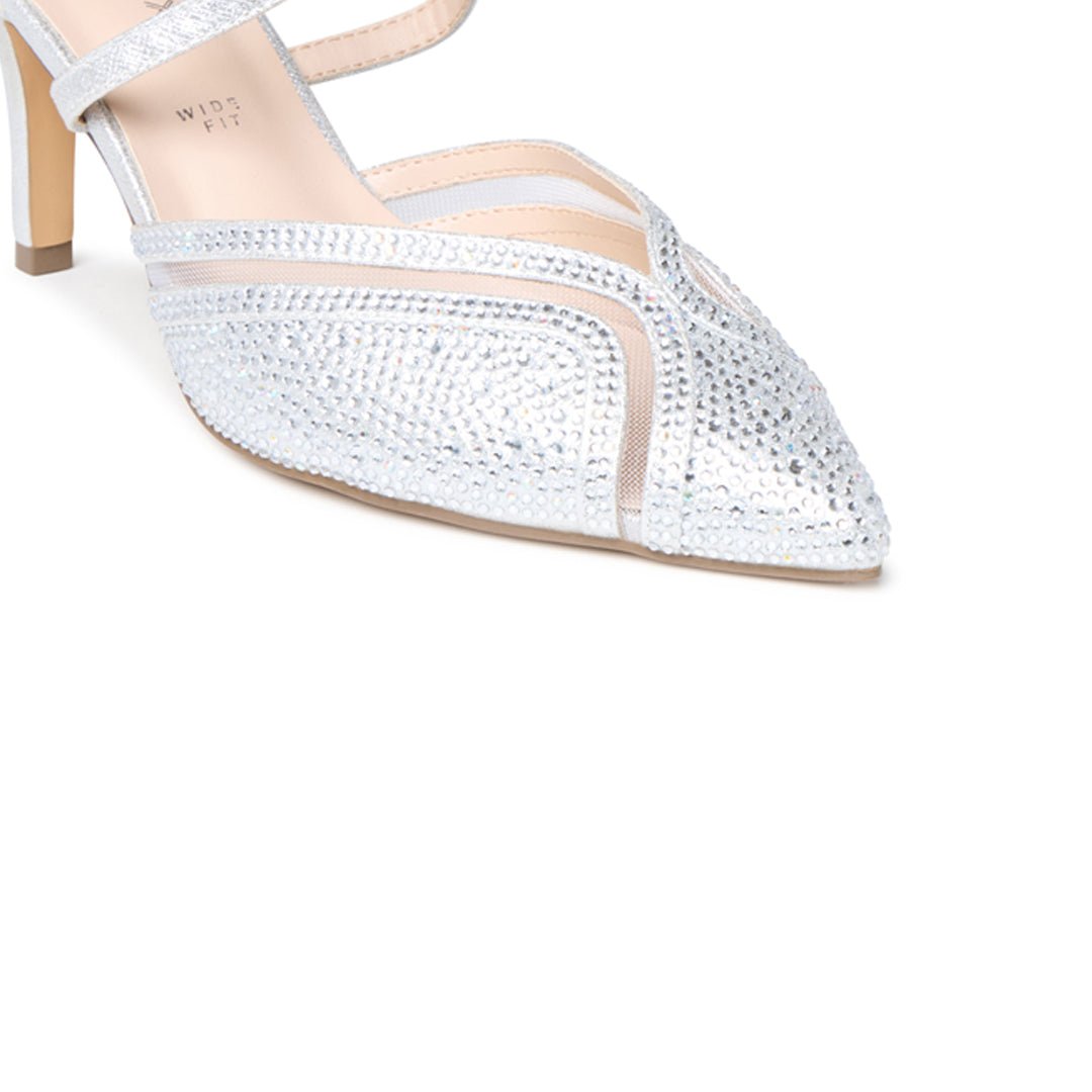 Close-up of the diamante-embellished pointed toe on the Faylinn silver shoe
