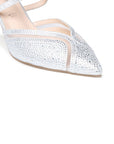 Close-up of the diamante-embellished pointed toe on the Faylinn silver shoe