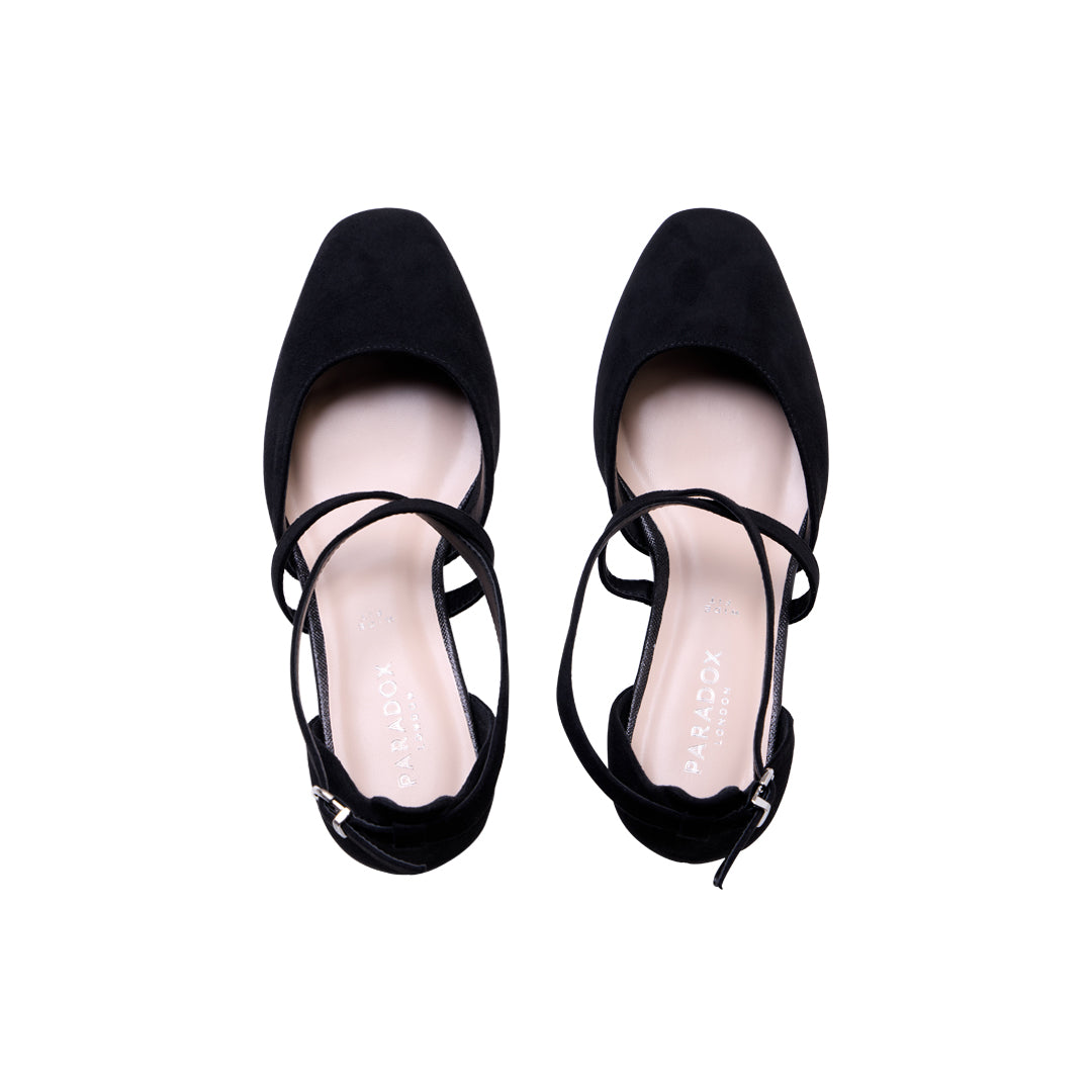 Gemma Black | Wide Fit Cross Strap Low Heels | Paradox London