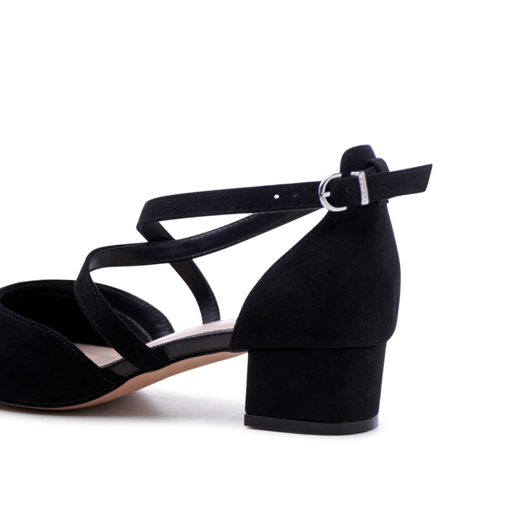 Gemma Black | Wide Fit Cross Strap Low Heels | Paradox London