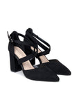 Pair of Gwendolyn black wide fit heels with cross straps and 8cm block heels, angled view