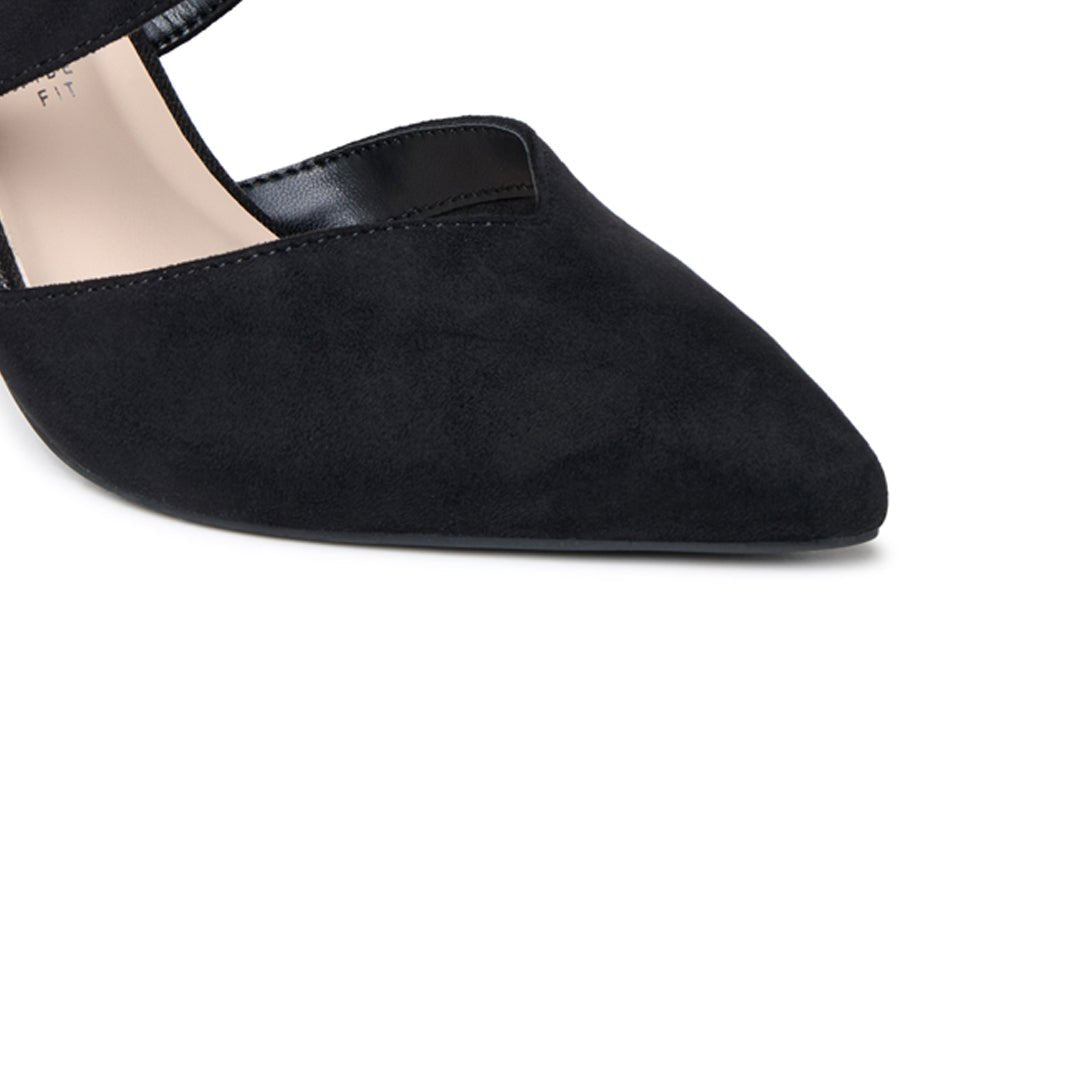 Close-up of the softly pointed toe and black microsuede upper