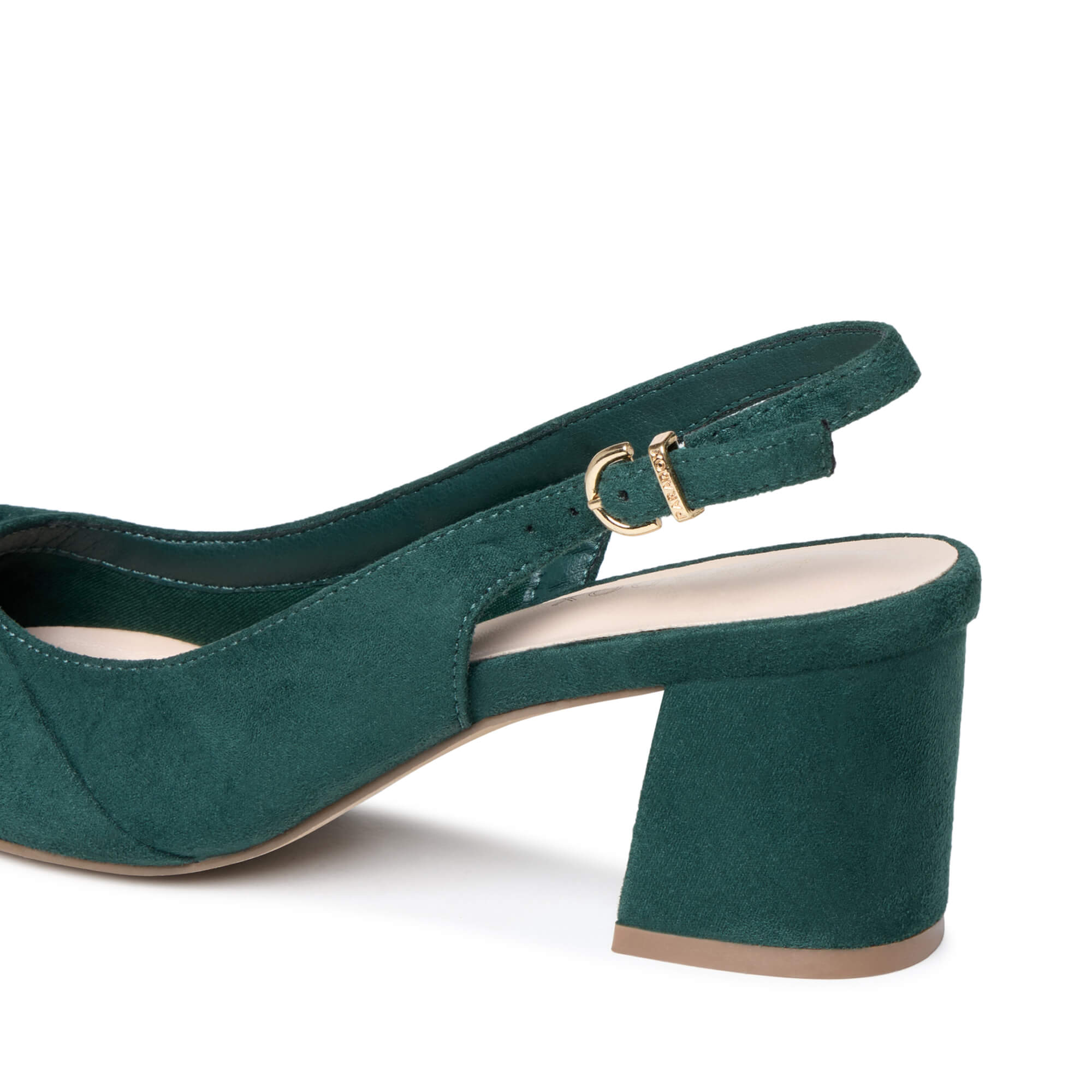 A dark green suede slingback high heel shoe with a block heel, open toe, and a gold-tone metal buckle on the ankle strap, shown from a side profile view against a white background.