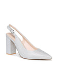Silver pointed-toe slingback shoe with crystal-flecked glitter mesh and block heel, angled view