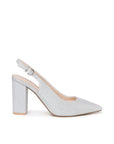 Irisa silver glitter slingback court shoe with pointed toe and 8cm block heel, side view