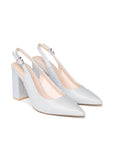 Pair of Irisa silver occasion shoes with pointed toes and block heels, angled view