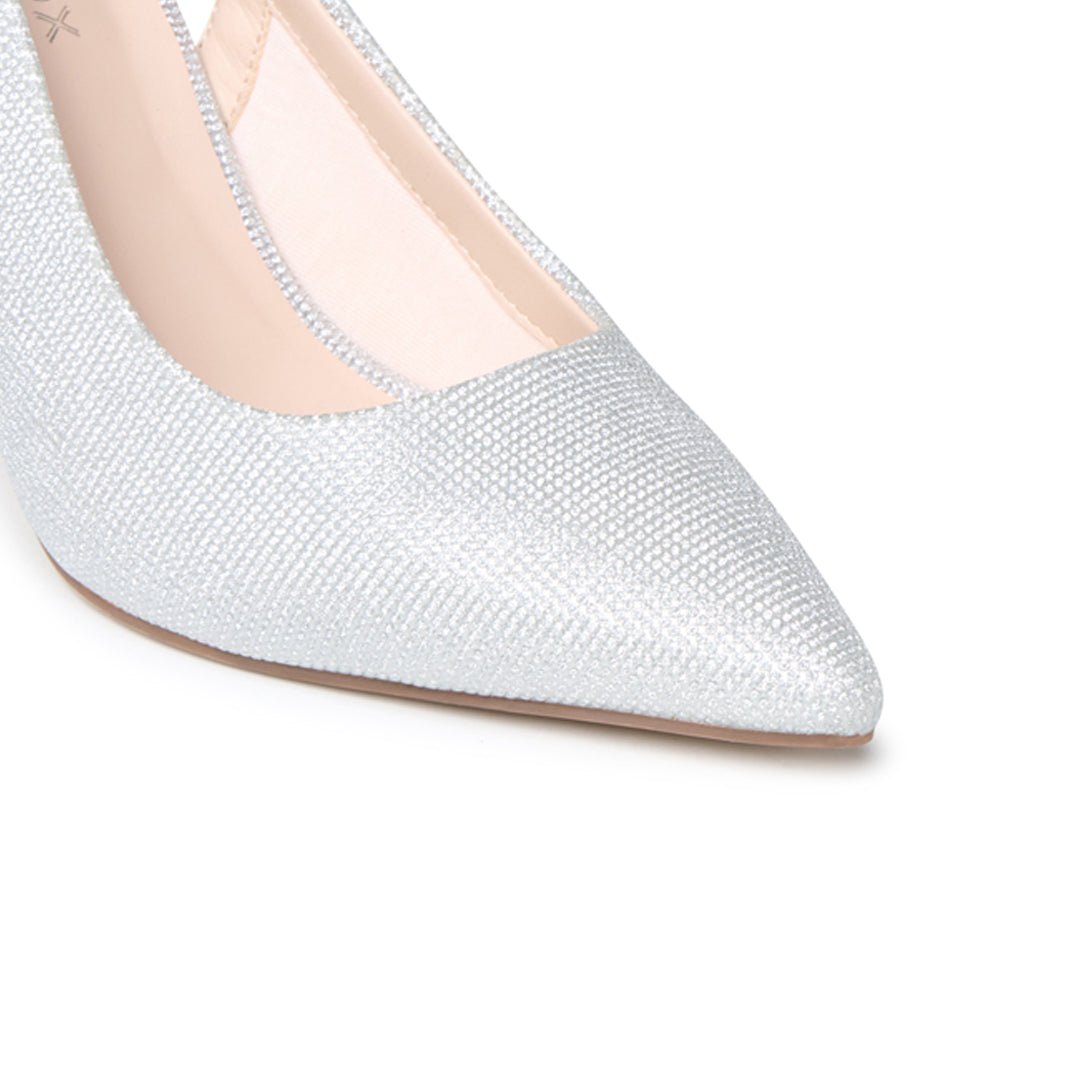 Close-up of the pointed toe and crystal-flecked silver glitter mesh upper