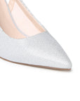 Close-up of the pointed toe and crystal-flecked silver glitter mesh upper