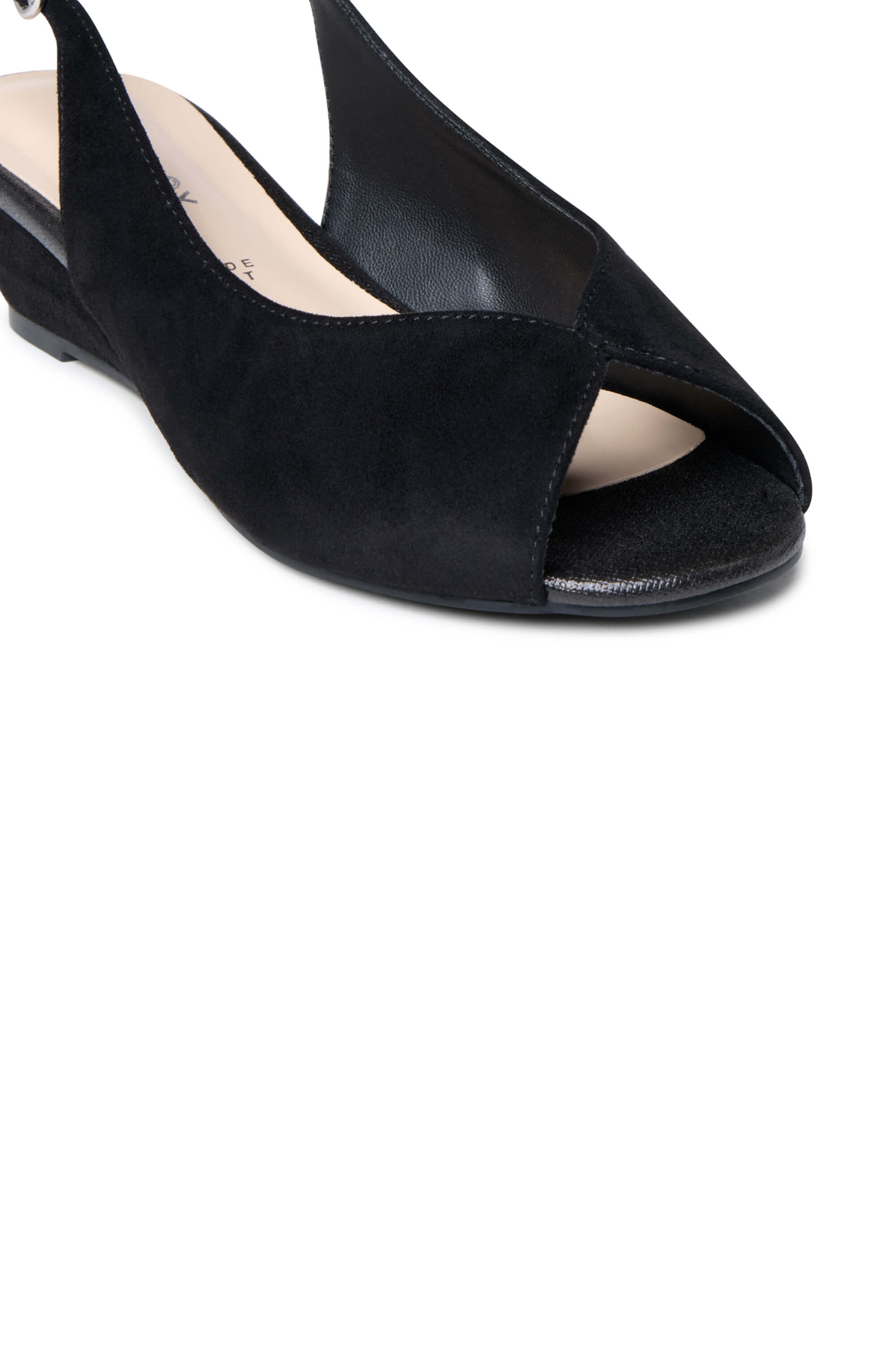 A black open-toe slingback wedge sandal with a suede-like finish, shown from a high-angle perspective on a plain white background.