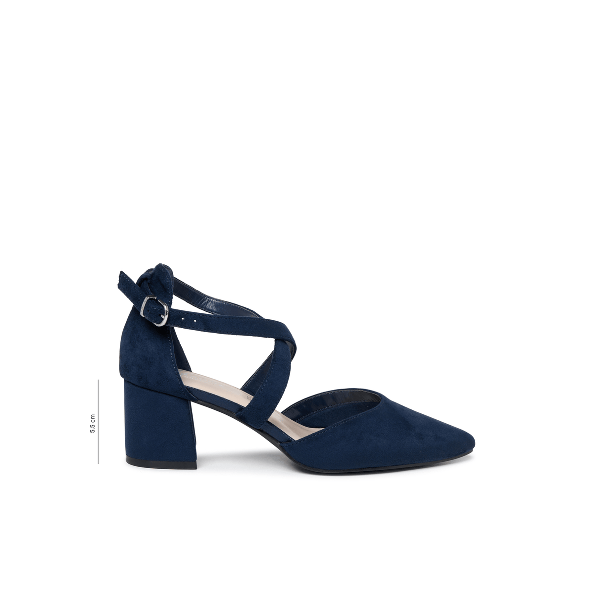 Florrie navy microsuede extra wide fit court shoe with crossover ankle strap, side view