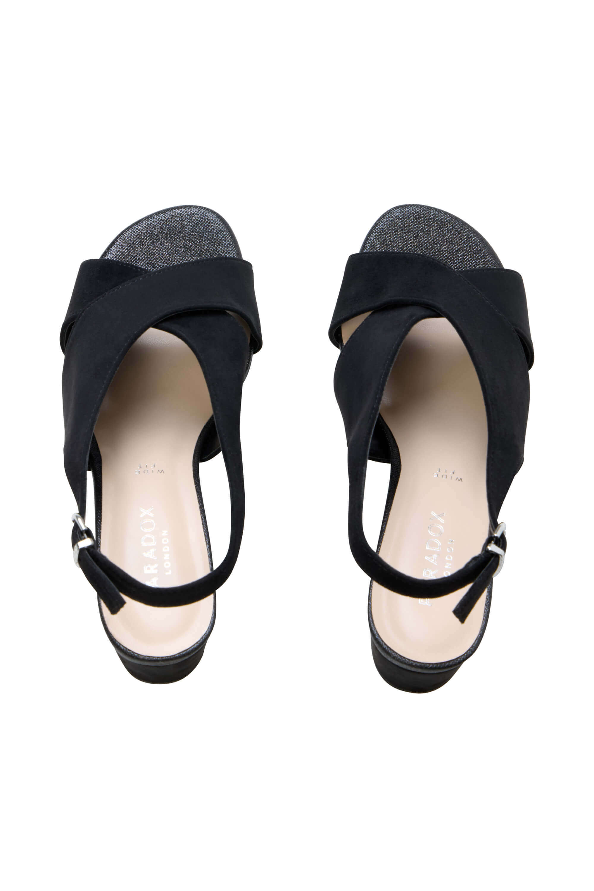 A pair of black slingback wedge sandals with wide crisscross straps and a glittery textured toe cap, shown from a top-down view on a white background.