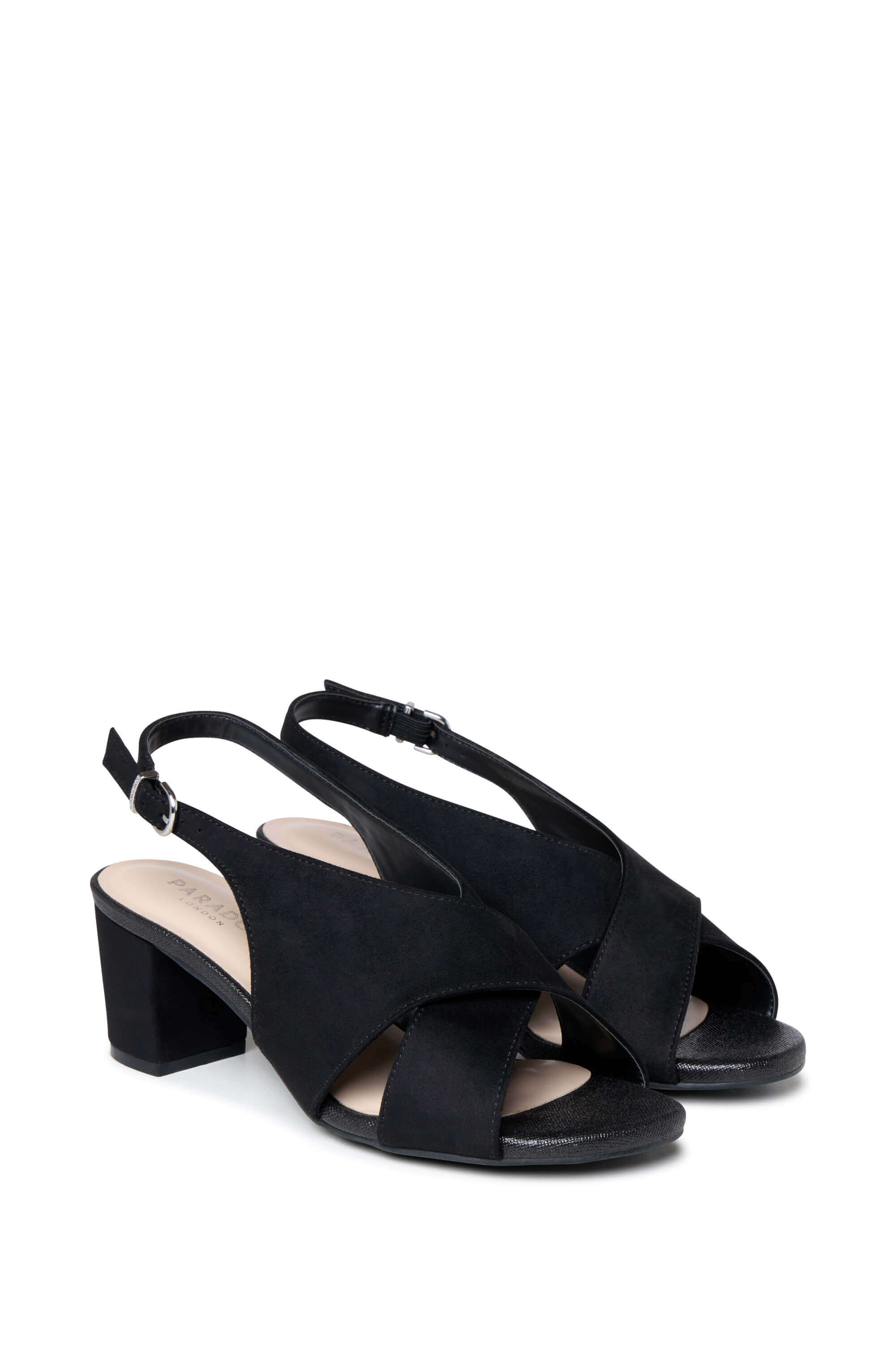 A pair of black slingback block-heel sandals with crisscrossing front straps, shown against a plain white background.