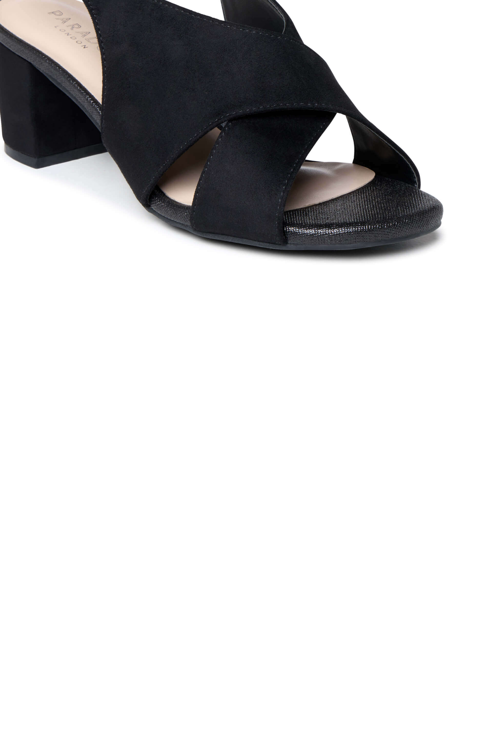 A close-up of a black heeled sandal with crisscrossing straps and an open toe, shown on a plain white background.