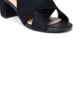 A close-up of a black heeled sandal with crisscrossing straps and an open toe, shown on a plain white background.
