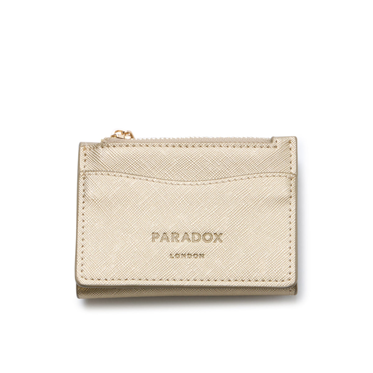 A small beige textured leather card holder wallet with gold-tone hardware and the brand name 'PARADOX LONDON' embossed on the front, shown on a white background.