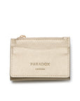 A small beige textured leather card holder wallet with gold-tone hardware and the brand name 'PARADOX LONDON' embossed on the front, shown on a white background.