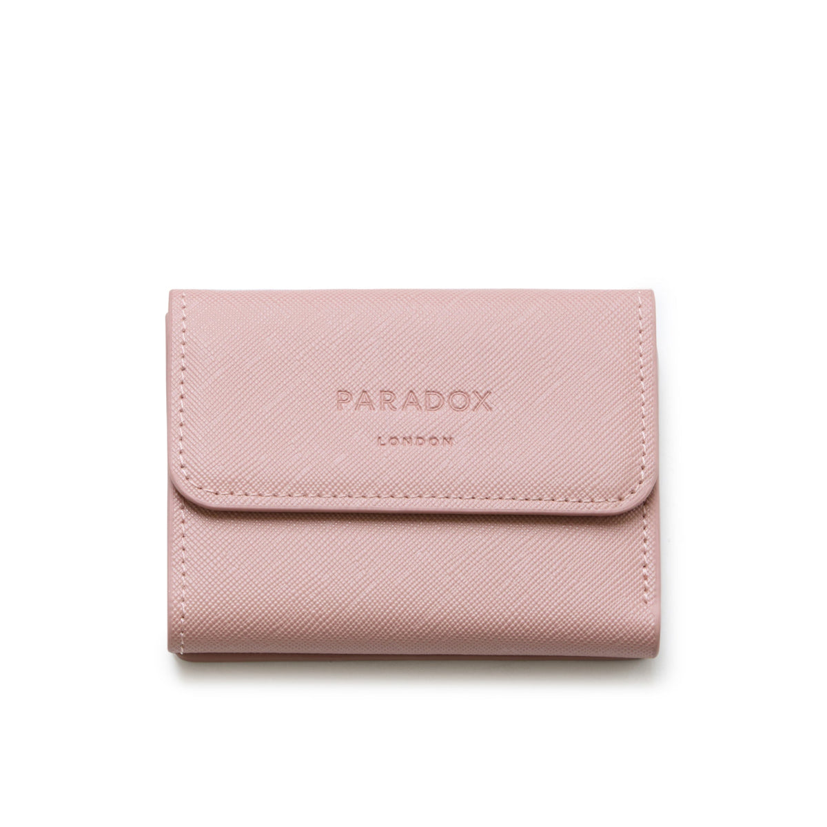 A pink textured leather bi-fold wallet with 'PARADOX LONDON' embossed on the front flap, shown against a plain white background.