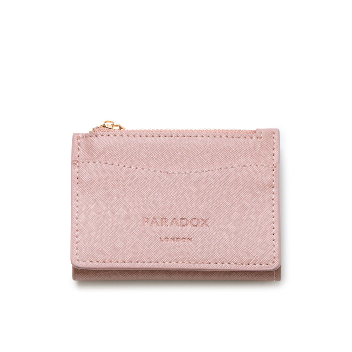 A light pink textured leather card holder wallet with a gold zipper pull and debossed 'PARADOX LONDON' branding, shown on a clean white background.