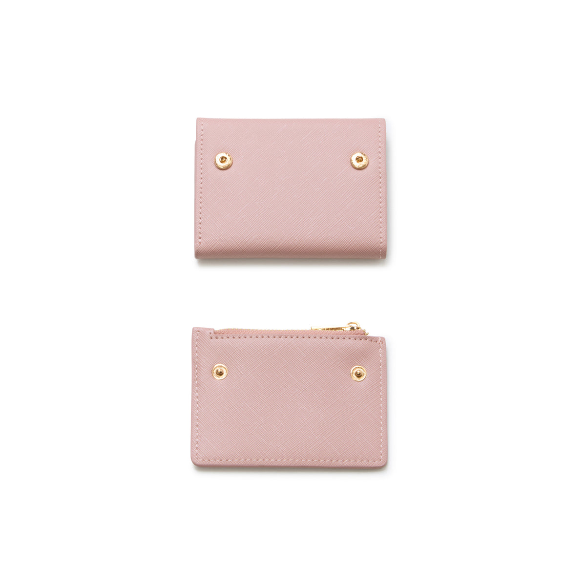 A light pink faux leather wallet set featuring a small zip-around pouch with gold-tone hardware and a matching card holder, displayed on a clean white background.